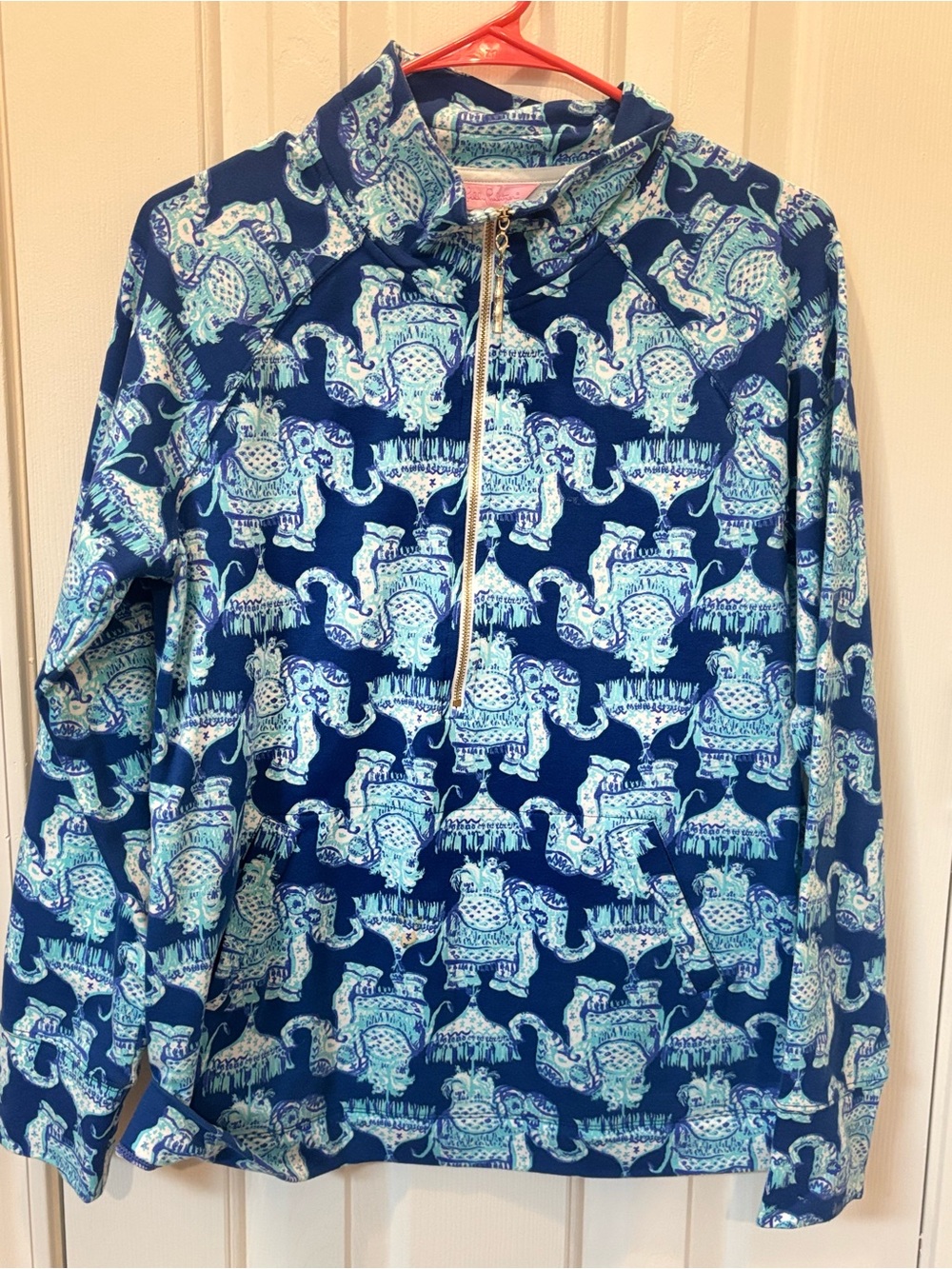 Lilly Pulitzer Navy & Aqua Elephant Print Quarter-Zip Popover-Medium